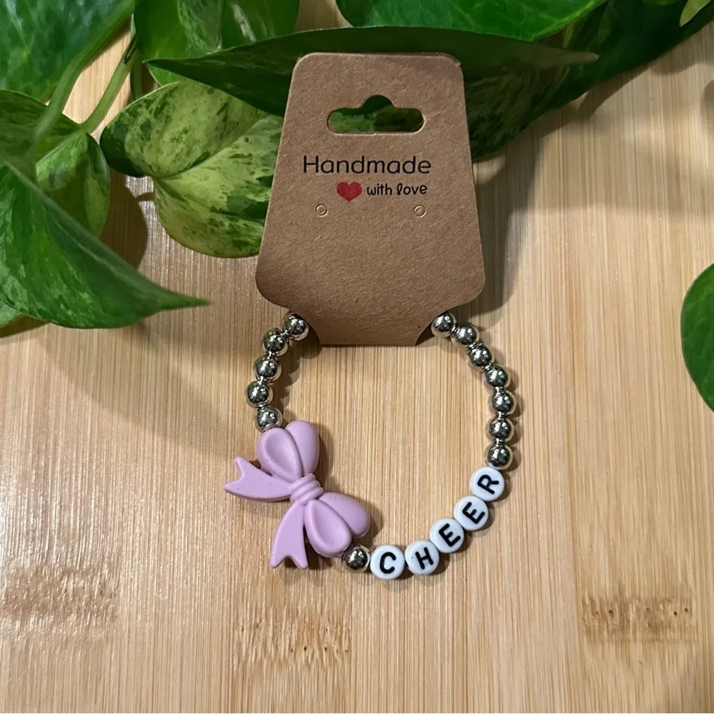 Silver Kids’ Stretchy Beaded Cheer Bracelet | Handmade | Silicone‎ Bow 📣✨
